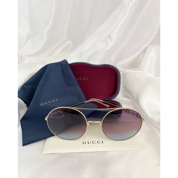 GUCCI Womens GG0878S Round Gold Frame Sunglasses with Blue-Gray Gradient Lenses main image 4